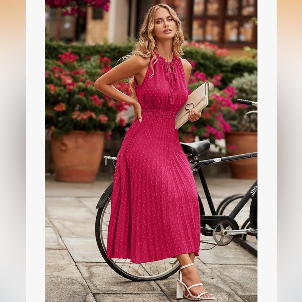 ✨NWT PRETTY GARDEN Pink Swiss Dot Ruffle Midi Dress - Picture 2 of 4